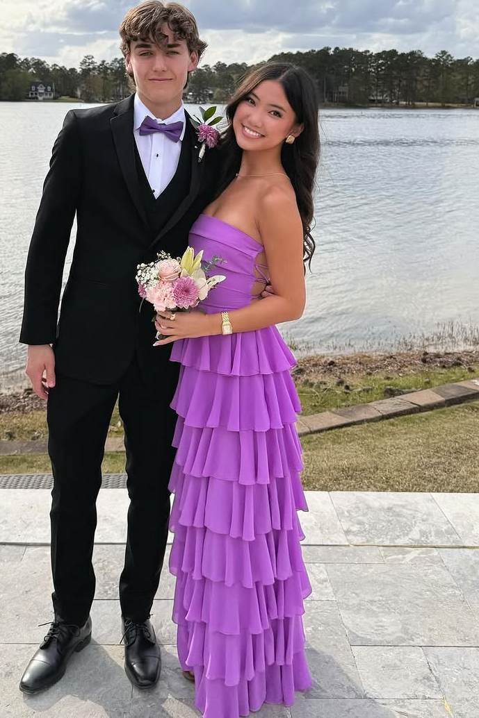 A-Line Strapless Scoop Ruffles Sleeveless Long Prom Formal Dress