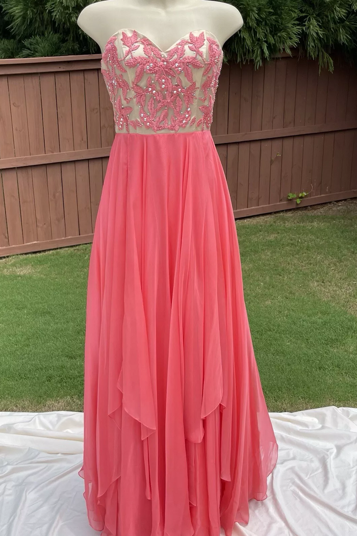 A-Line Strapless Sweetheart Beads Pleated Chiffon Long Prom Dress