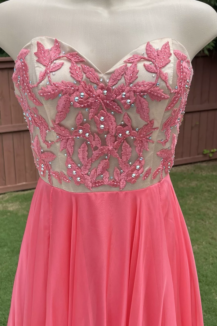 A-Line Strapless Sweetheart Beads Pleated Chiffon Long Prom Dress