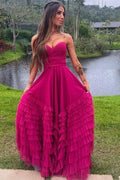 A-Line Strapless Sweetheart Empire-Waist Ruffles Tulle Sleeveless Prom Dress