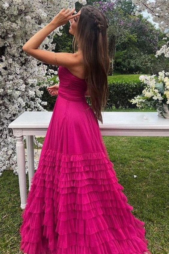 A-Line Strapless Sweetheart Empire-Waist Ruffles Tulle Sleeveless Prom Dress