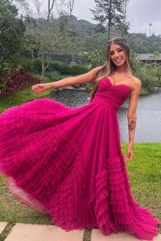 A-Line Strapless Sweetheart Empire-Waist Ruffles Tulle Sleeveless Prom Dress