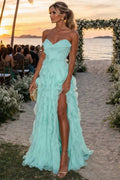 A-Line Strapless Sweetheart Ruffles Empire-Waist Sleeveless Long Prom Dress with Slit