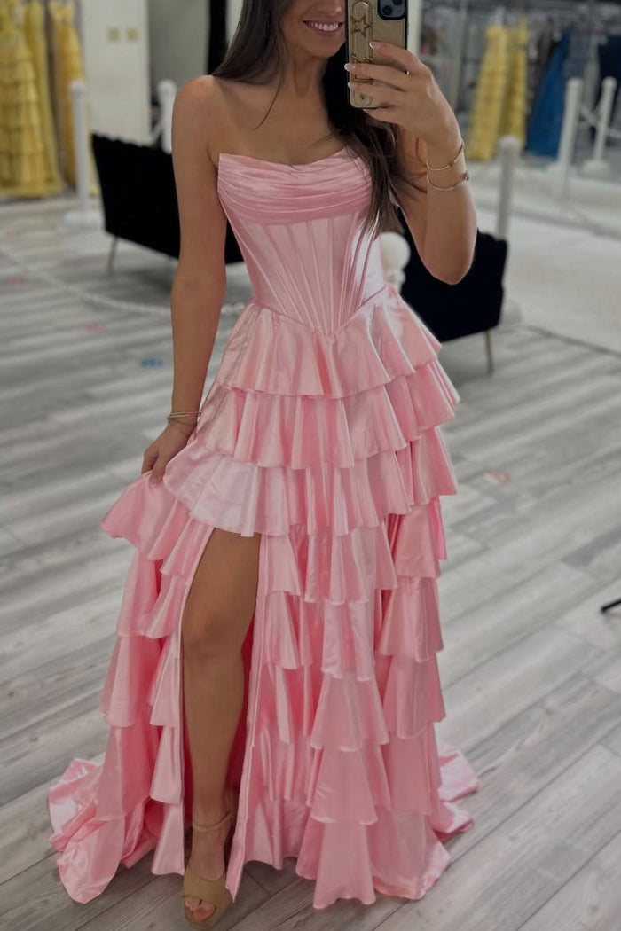 A-Line Strapless Tiered Satin Empire-Waist Ruffles Long Prom Dress with Slit