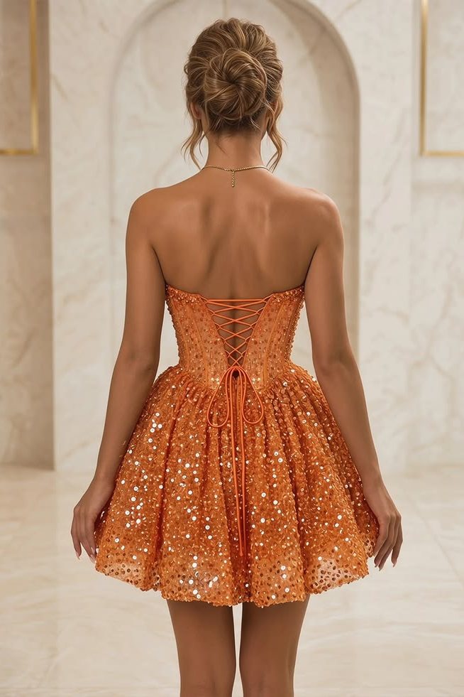 A-Line Strapless V-Neck Sequins Appliques Empire-Waist Short Homecoming Dress