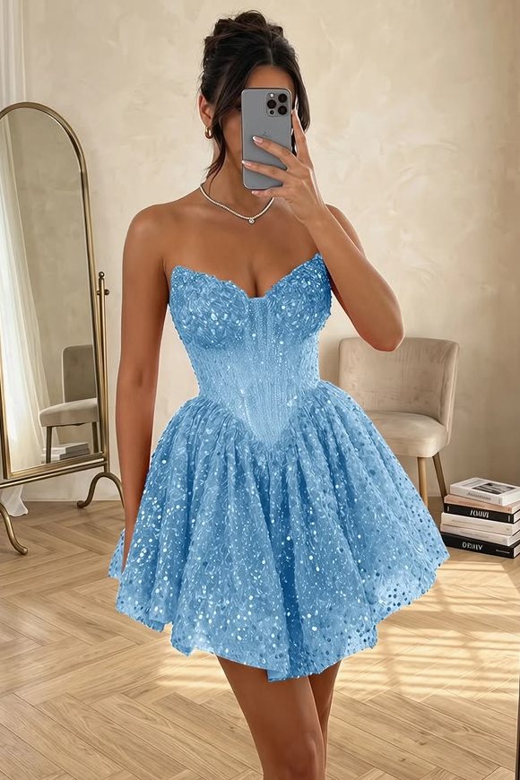 A-Line Strapless V-Neck Sequins Appliques Empire-Waist Short Homecoming Dress