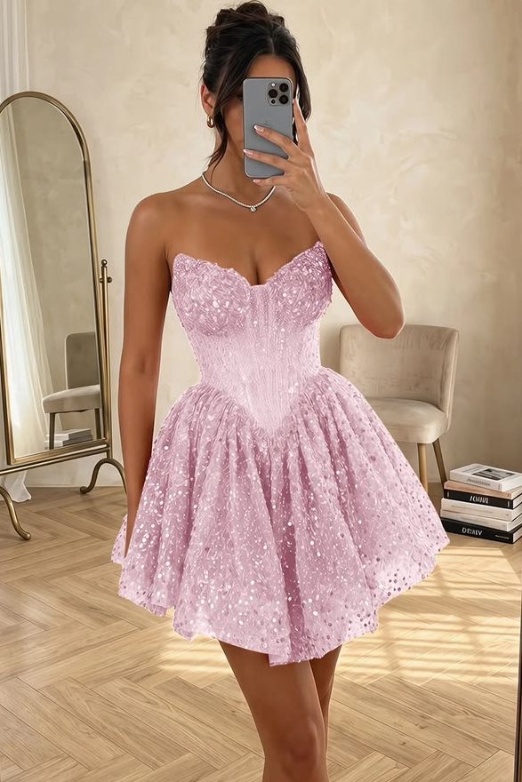 A-Line Strapless V-Neck Sequins Appliques Empire-Waist Short Homecoming Dress