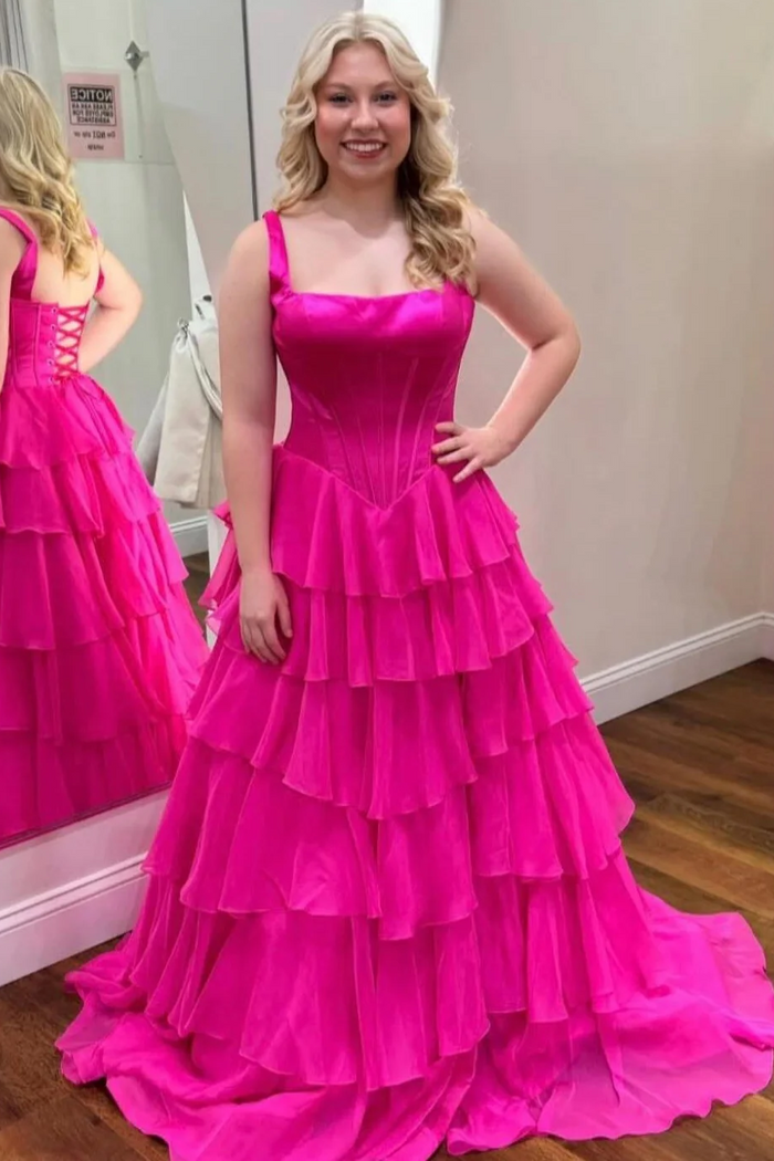 A-Line Straps Ruffles Chiffon Empire-Waist Sleeveless Long Prom Dress with Slit
