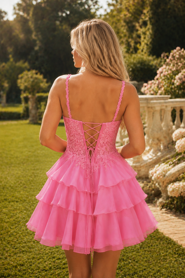 A-Line Straps Scoop Neck Appliques Ruffles Short Homecoming Dress
