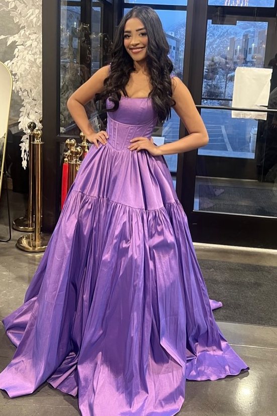 A-Line Straps Scoop Neck Pleated Satin Long Prom Dress with Train