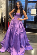 A-Line Straps Scoop Neck Pleated Satin Long Prom Dress with Train