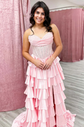 A-Line V-Neck Lace Appliques Satin Ruffles Sleeveless Prom Dress with Slit
