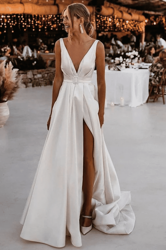 A-Line V-Neck Sleeveless Satin Side Slit Beach Wedding Dress