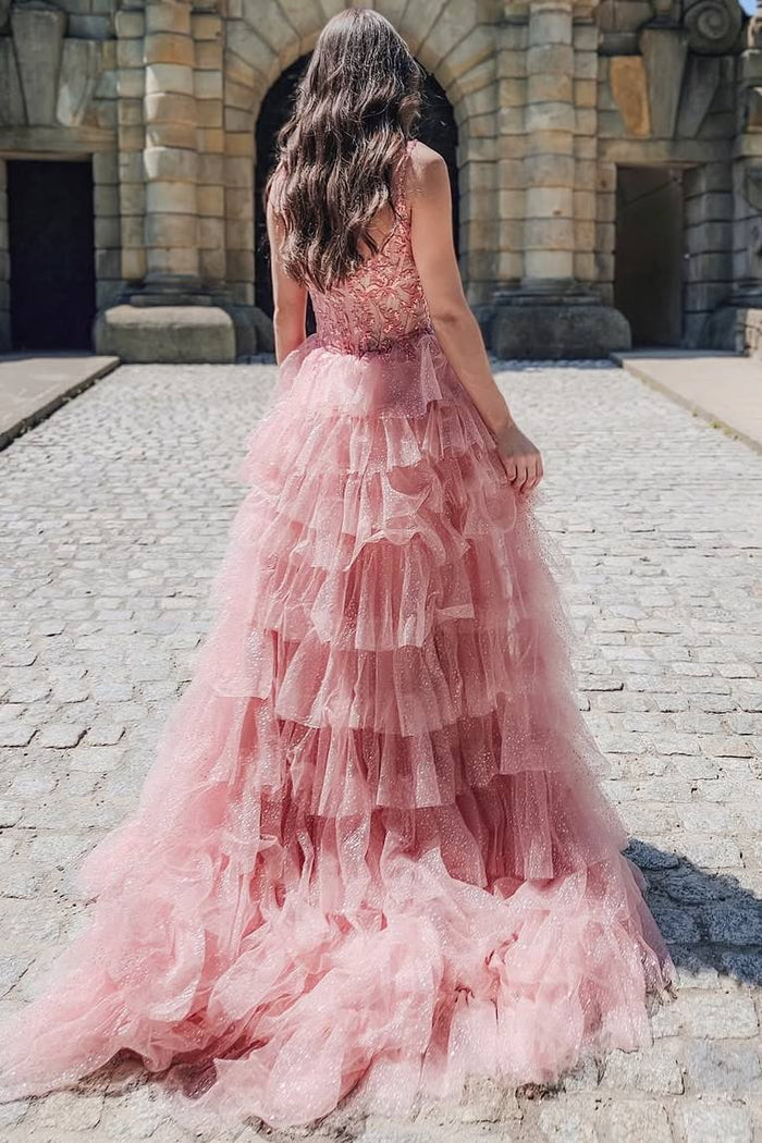 A-Line V-Neck Straps Appliques Layered Tulle Long Prom Dress