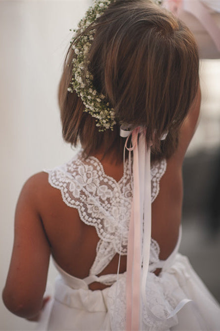 Adorable A-Line White Long Flower Girl Dress with Criss Back
