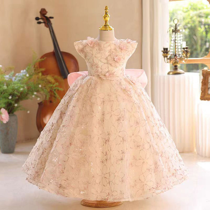 Applique Embroidered 3D Flower Girl Dress With Bow Sleeveless J801
