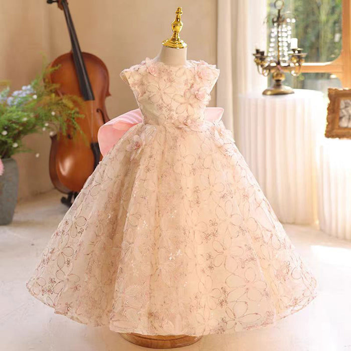 Applique Embroidered 3D Flower Girl Dress With Bow Sleeveless J801