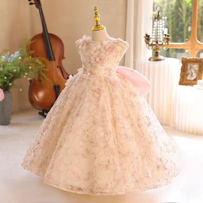 Applique Embroidered 3D Flower Girl Dress With Bow Sleeveless J801