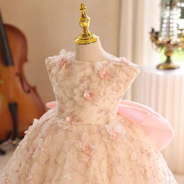 Applique Embroidered 3D Flower Girl Dress With Bow Sleeveless J801