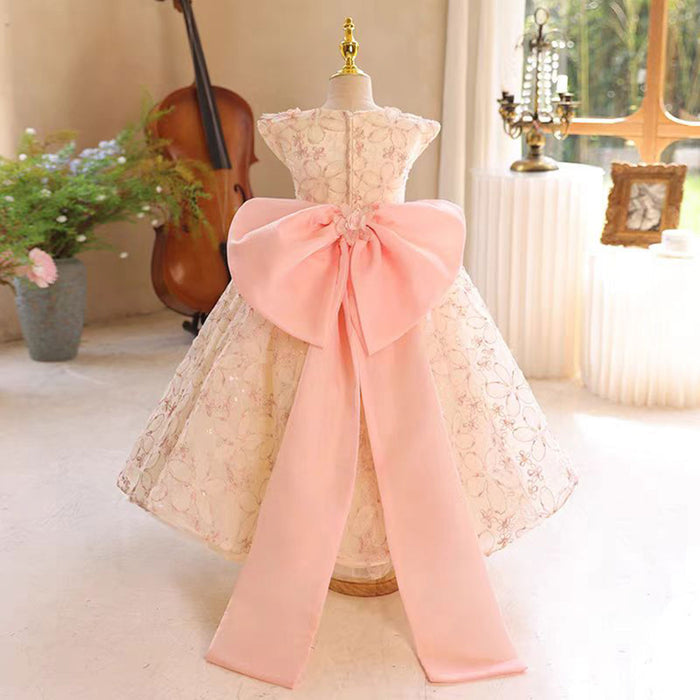 Applique Embroidered 3D Flower Girl Dress With Bow Sleeveless J801