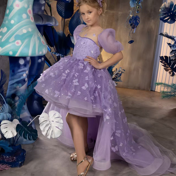 Applique Puff Sleeve Tulle Flower Girl Dress With Trailing J779