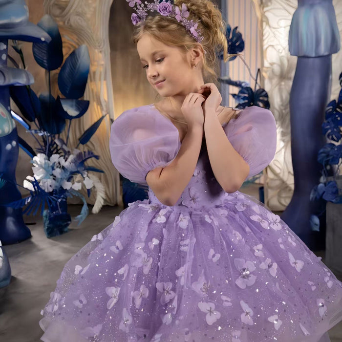 Applique Puff Sleeve Tulle Flower Girl Dress With Trailing J779
