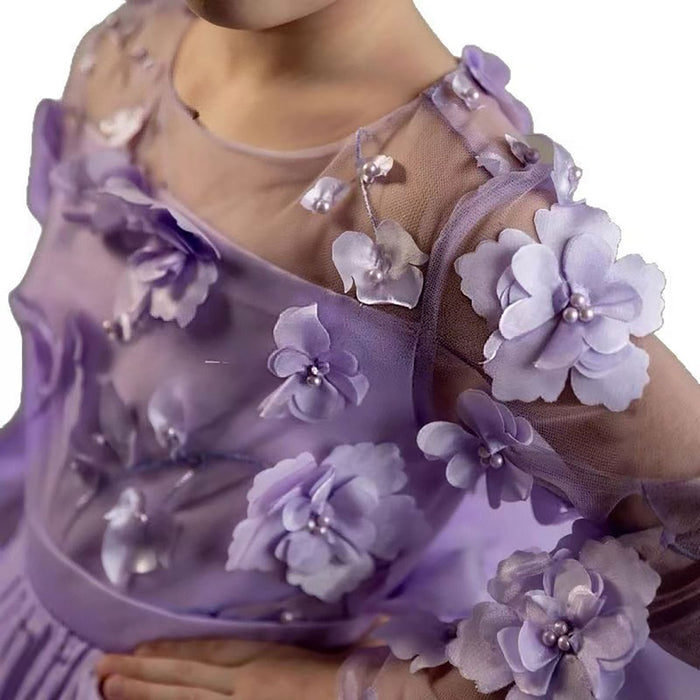 Applique Puff Sleeve Tulle Flower Girl Dress With Trailing J779