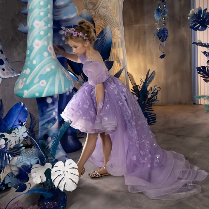 Applique Puff Sleeve Tulle Flower Girl Dress With Trailing J779