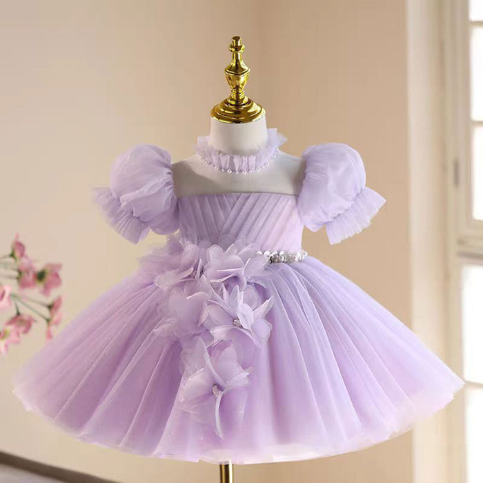 Applique Tulle Flower Girl Dress With Pearl Decoration Lilac J536