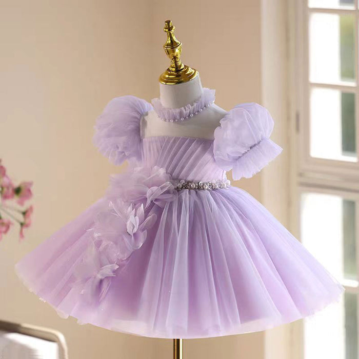 Applique Tulle Flower Girl Dress With Pearl Decoration Lilac J536