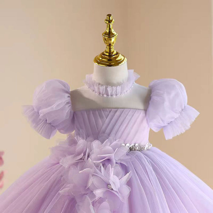 Applique Tulle Flower Girl Dress With Pearl Decoration Lilac J536
