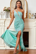 Aqua Sequin One-Shoulder Keyhole Mermaid Long Prom Dress with Slit