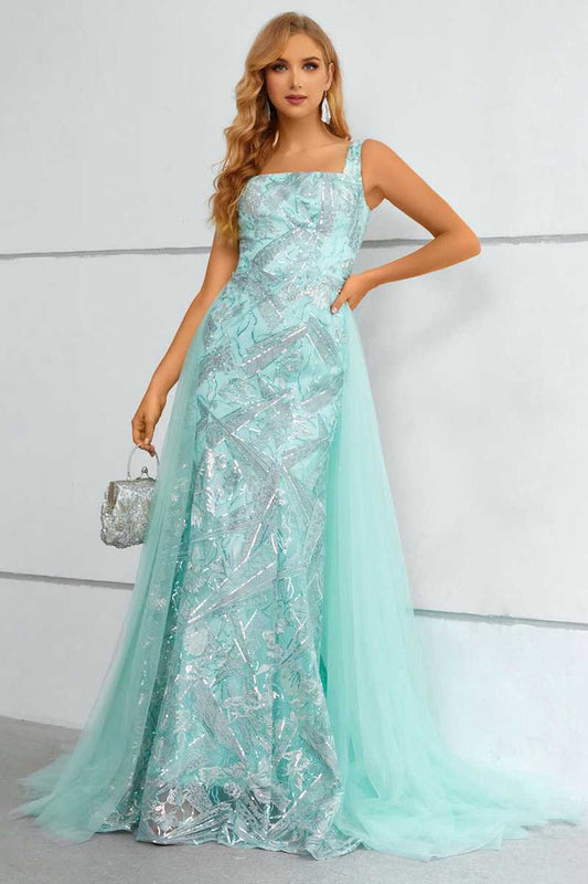 Aqua Square Neck Mermaid Long Prom Dress with Attached Train