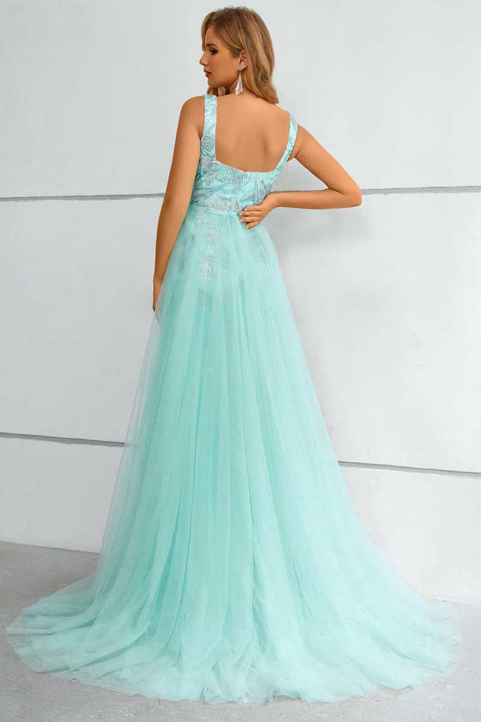 Aqua Square Neck Mermaid Long Prom Dress with Attached Train