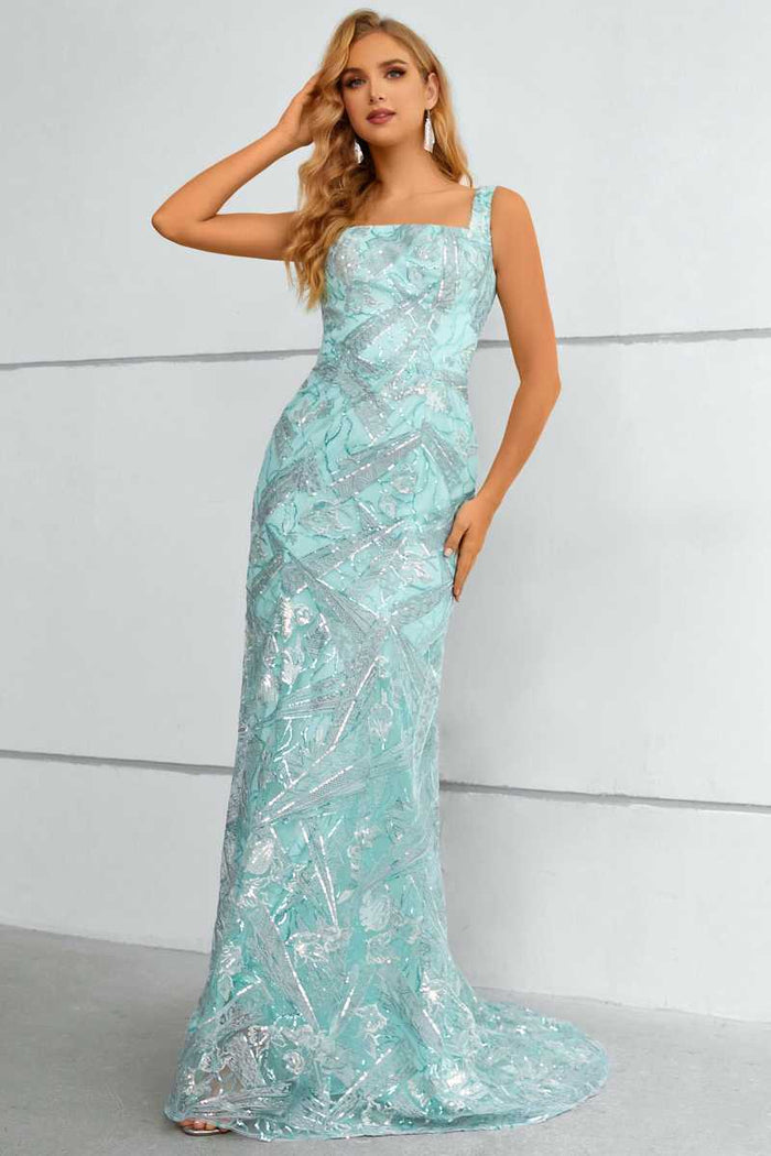 Aqua Square Neck Mermaid Long Prom Dress with Attached Train