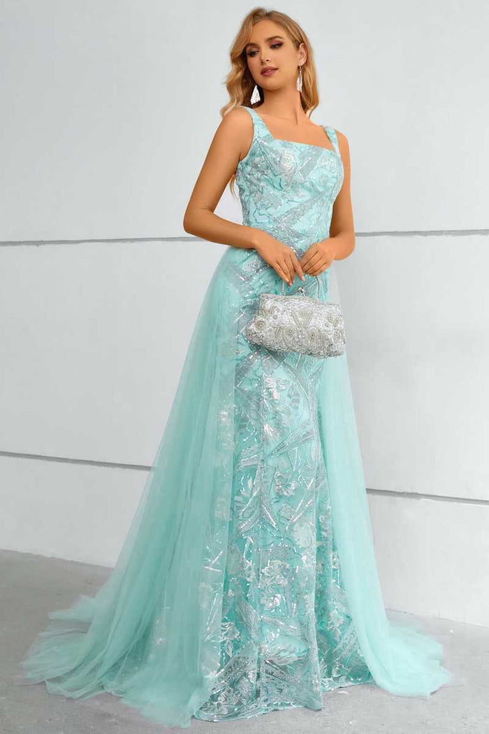 Aqua Square Neck Mermaid Long Prom Dress with Attached Train