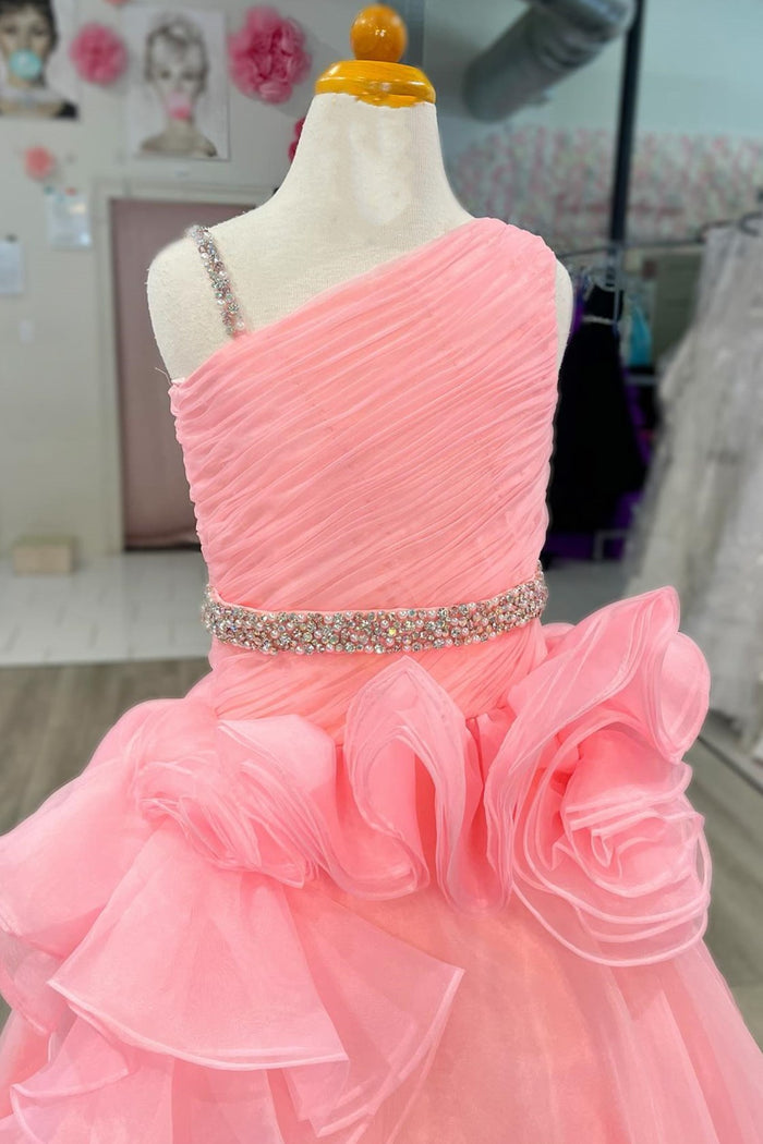 Asymmetrical Beaded Ruffle Long Girl Pageant Dress in Pink