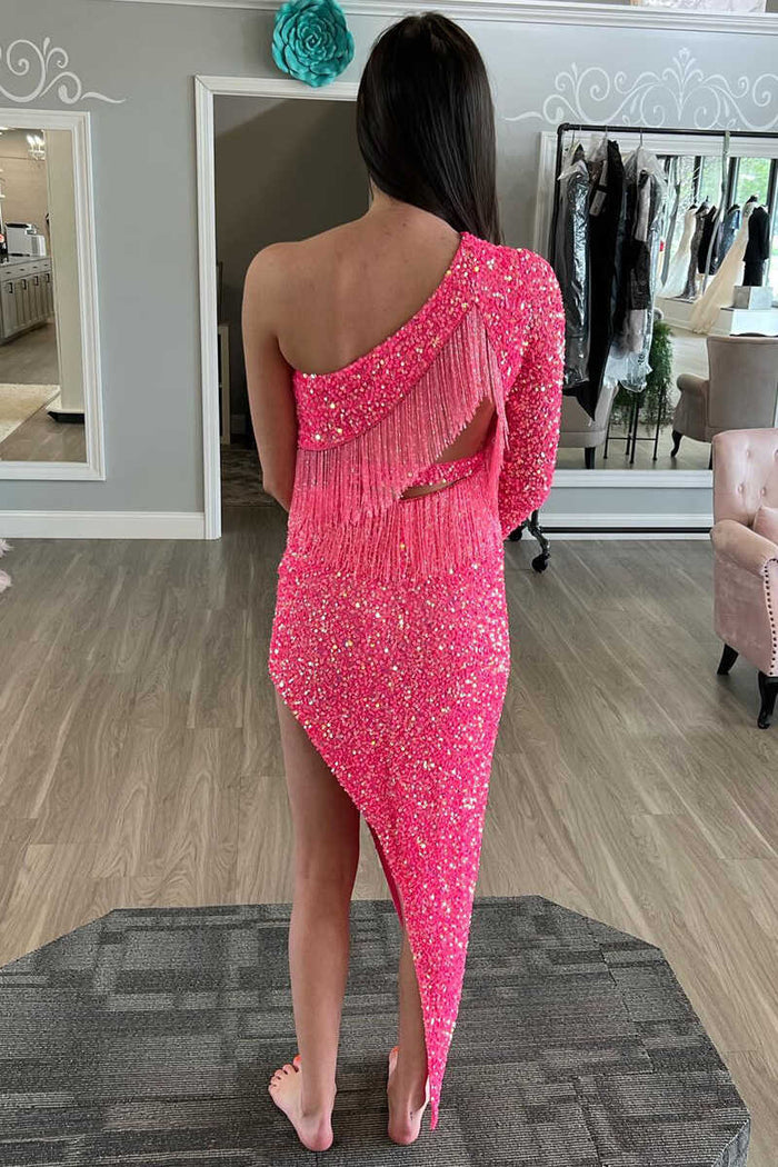 Asymmetrical Hot Pink One Sleeve Tassel Homecoming Dress