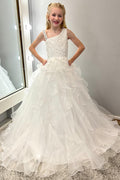 Asymmetrical White Glitter Appliques Multi-Layer Girl Pageant Dress