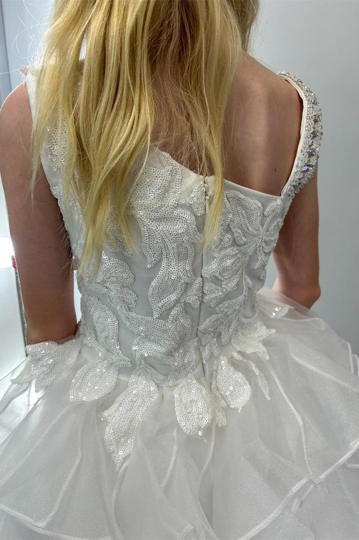Asymmetrical White Glitter Appliques Multi-Layer Girl Pageant Dress