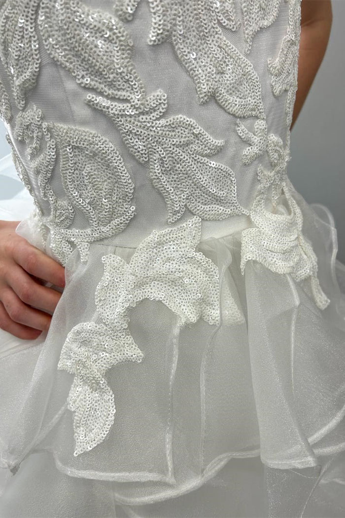 Asymmetrical White Glitter Appliques Multi-Layer Girl Pageant Dress