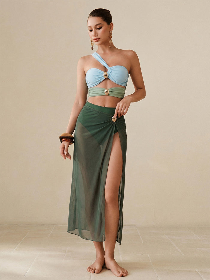 Barbados Calling One Shoulder Swimsuit Set - Green