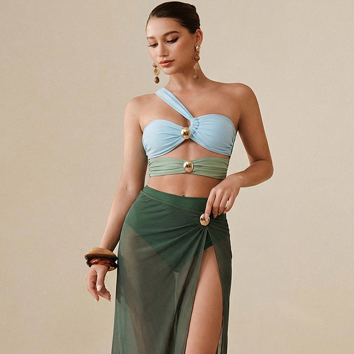 Barbados Calling One Shoulder Swimsuit Set - Green