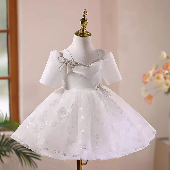 Beading Bow Decoration Flower Girl Dress Short Sleeves D046