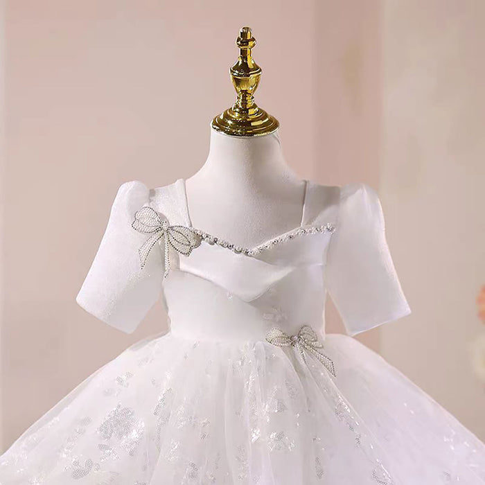 Beading Bow Decoration Flower Girl Dress Short Sleeves D046