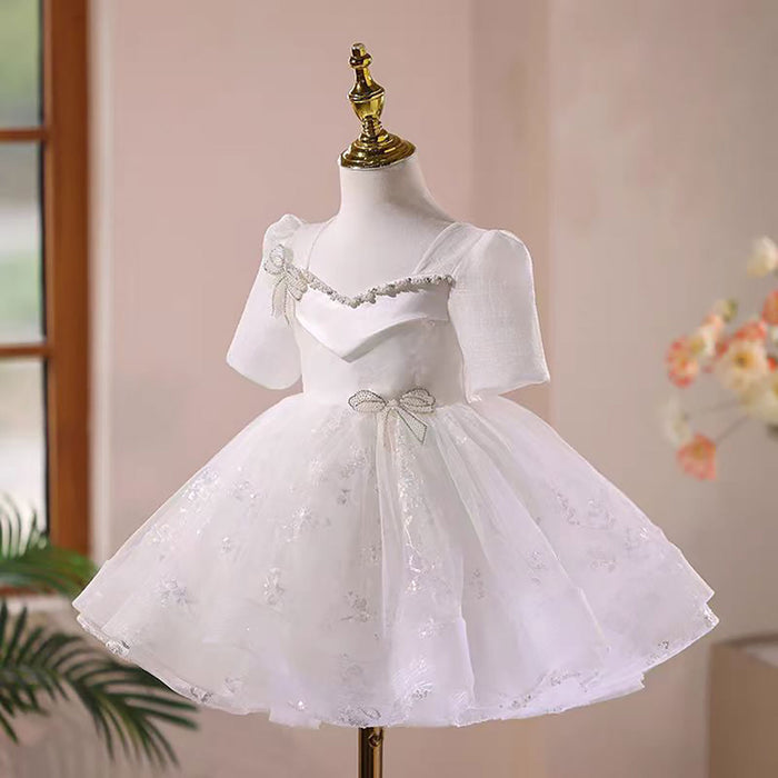Beading Bow Decoration Flower Girl Dress Short Sleeves D046