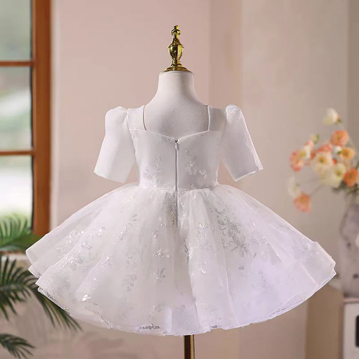 Beading Bow Decoration Flower Girl Dress Short Sleeves D046
