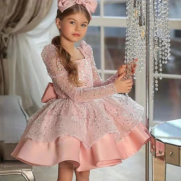 Beading Long Sleeves Flower Girl Dress With Bow D056