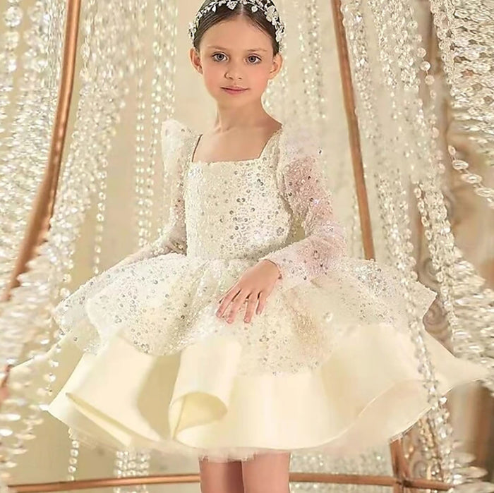 Beading Long Sleeves Flower Girl Dress With Bow D056