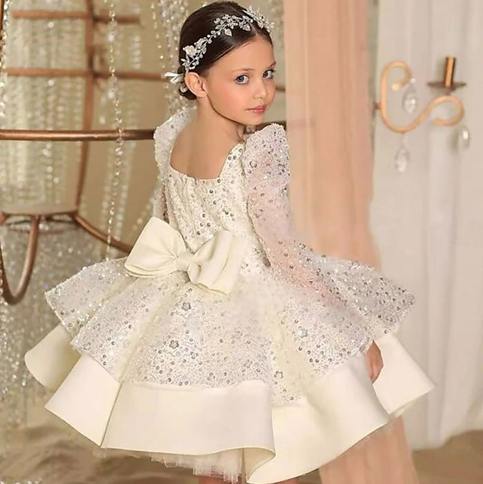 Beading Long Sleeves Flower Girl Dress With Bow D056